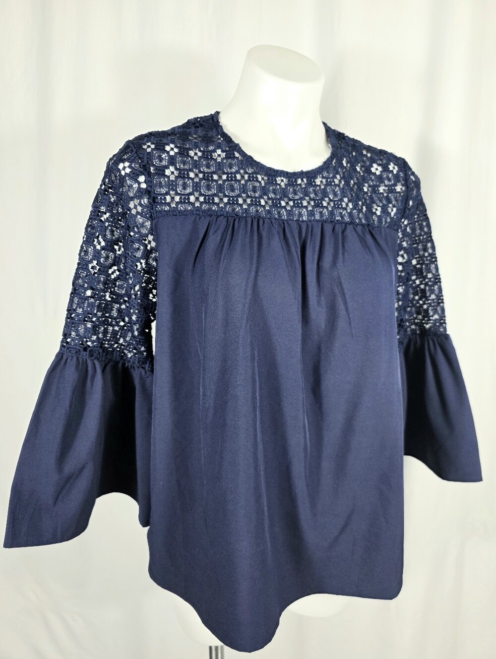NWT Boutique Navy Blue Crochet Lace Bell Sleeve Blouse | Size L Boho Cottagecore